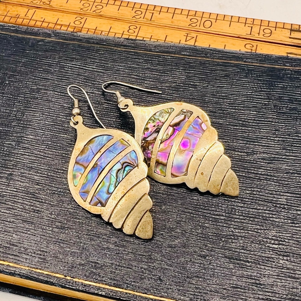 Vintage silver ALPACA MEXICO abalone shell earrings dangles - Picture 5 of 10